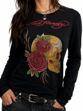 Ed Hardy Black Long Sleeve Tee with Yellow Skull and Red Roses